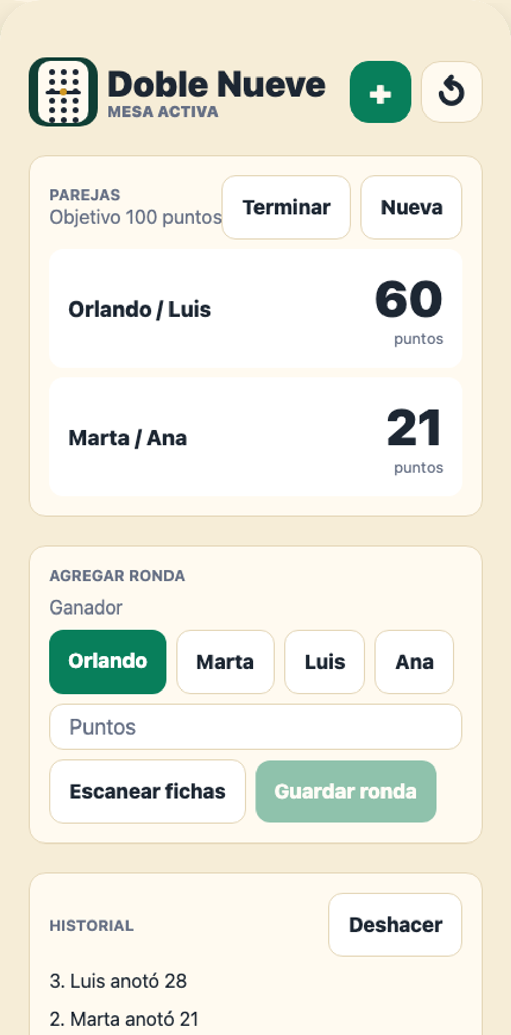 Pantalla de partida activa con marcador por parejas.