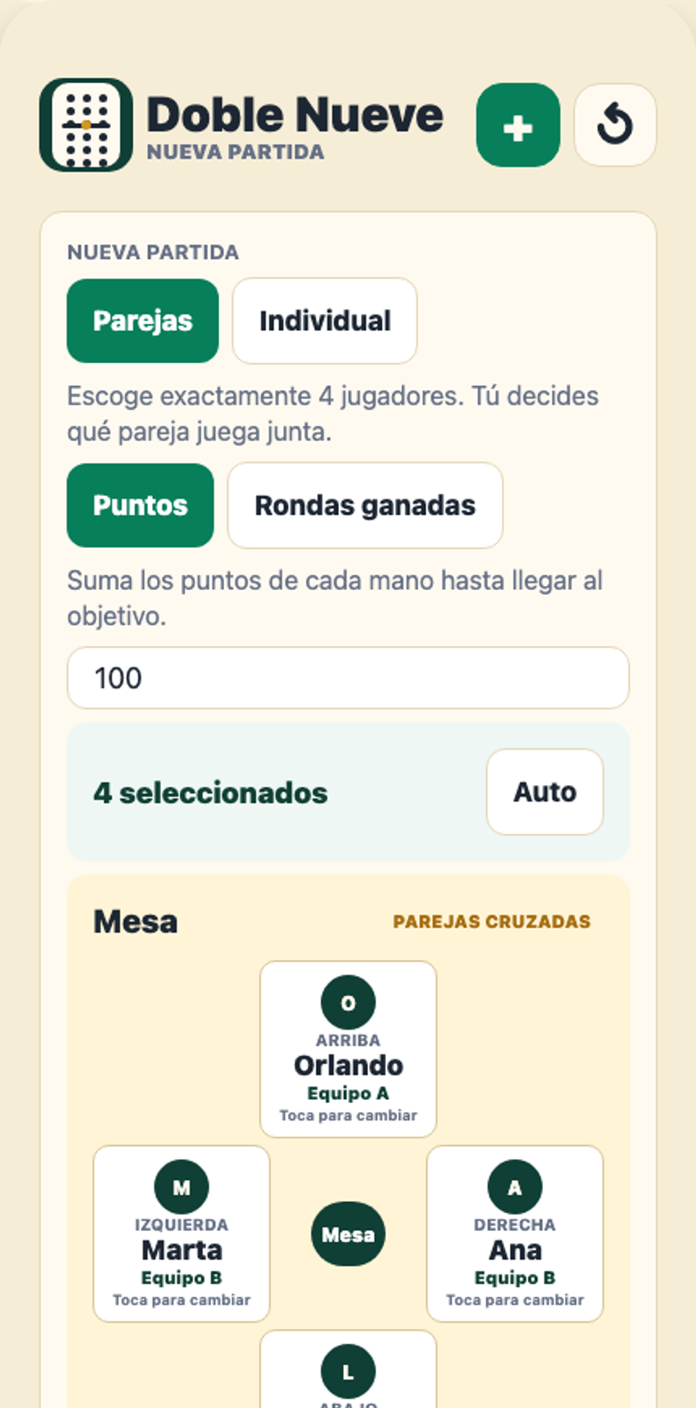 Pantalla para escoger jugadores y organizar parejas en la mesa.